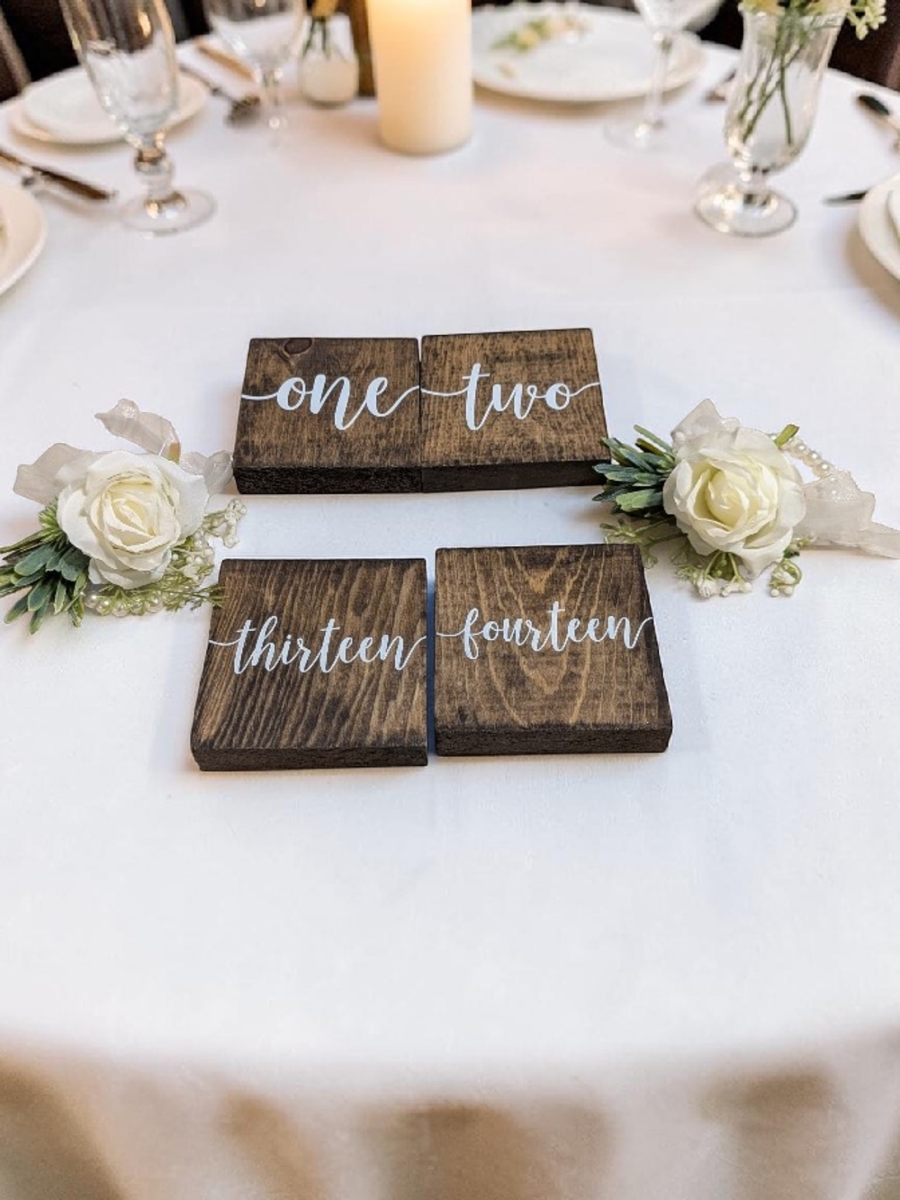 14 Rustic Wooden Table Number Signs - Script White Numbers